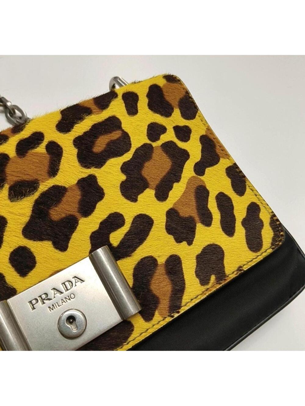 Prada Cahier Leopard Calf Hair Chain Shoulder Bag Yellow Black - Picture 8 of 9